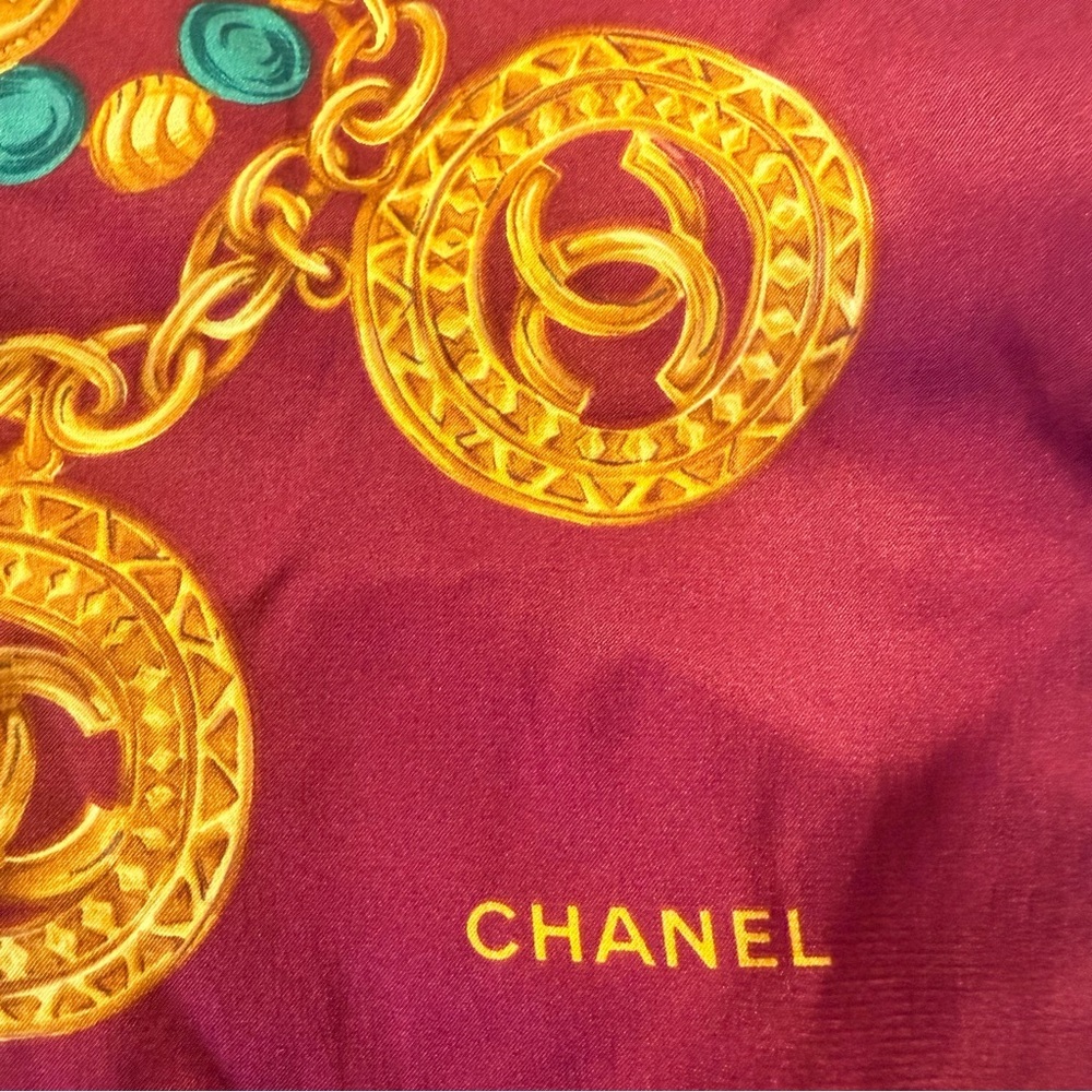 Vintage Chanel Silk Scarf in Burgundy with Gold Chain and Coin Detail - Picture 3 of 6